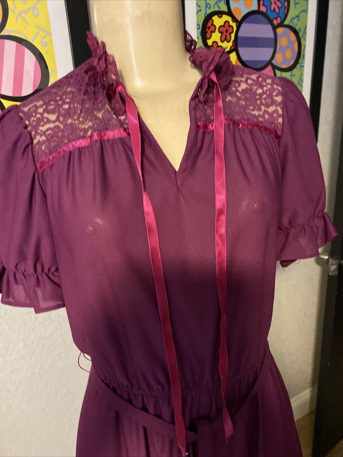 Jerri Gee Vtg 70’s S/S Lace/Ruffle Prairie Boho Victorian Dress Sz 7 PURPLE Y8