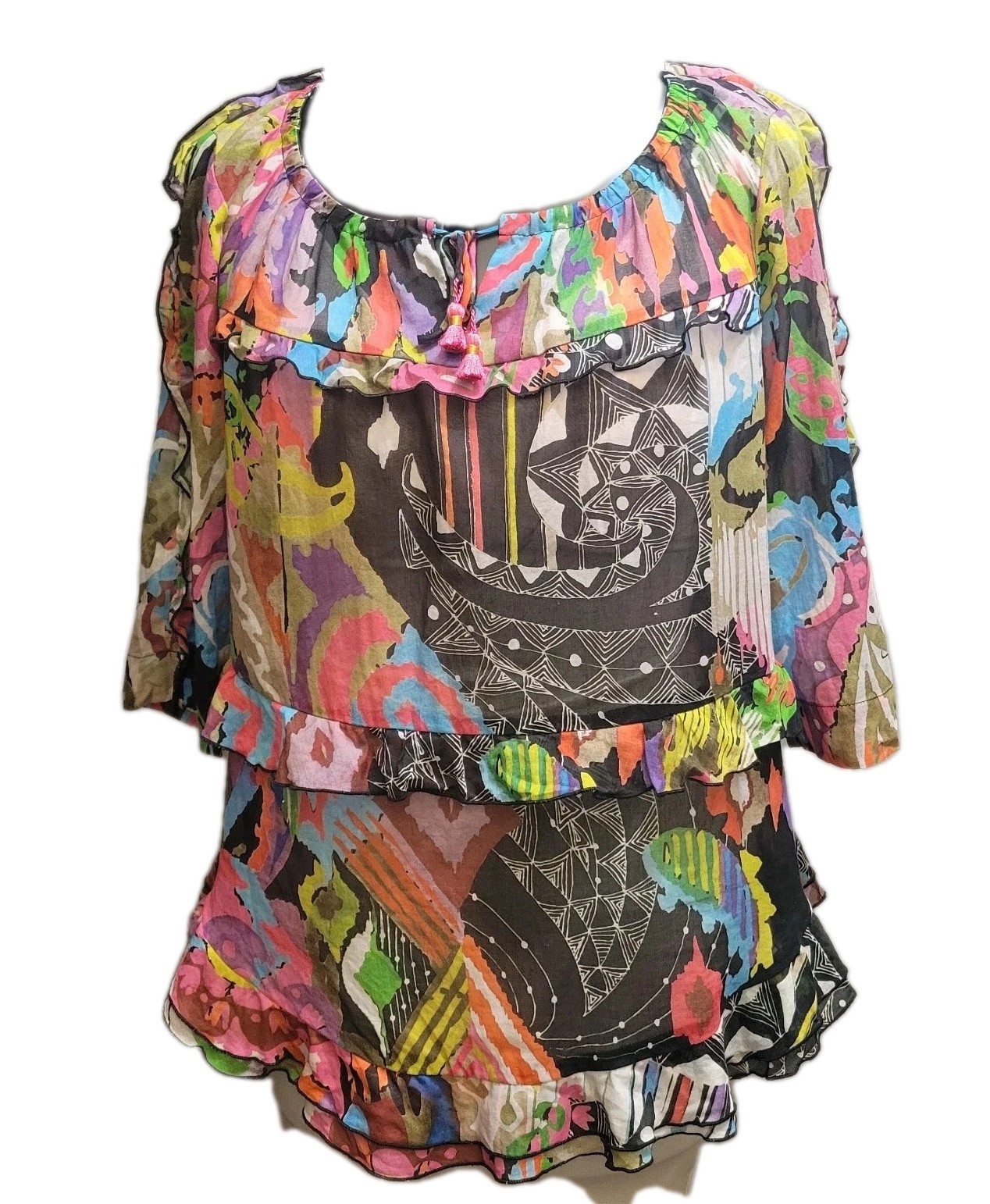 EUC Chacock Mixed Prints Ruffled Blouse Cotton S/M Tassles Tie Neck Abstract