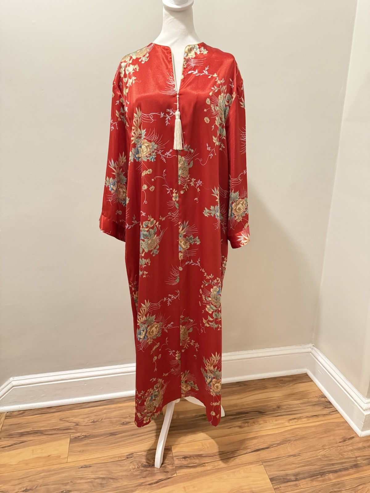 Vtg Lejaby Paris Caftan Mumu Maxi Dress Kimono Asian Inspired Chrysanthemum Red