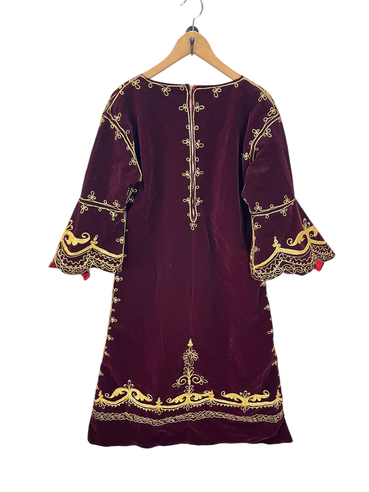 Vintage Burgundy Velvet Gold Embroidered Caftan Boho Dress Bell Sleeve