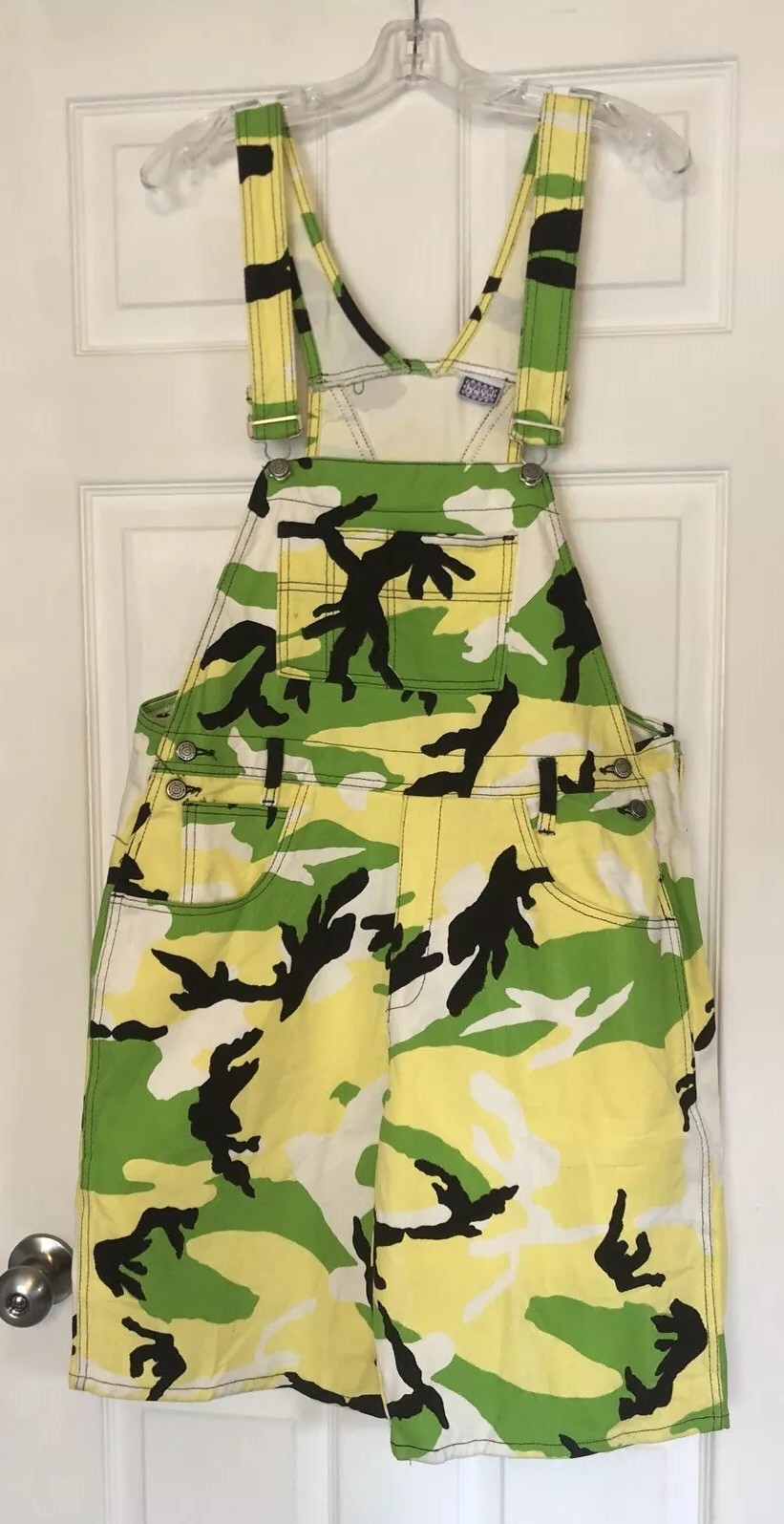 Vintage 90s Distressed Camo Cargo Jorts Overalls Cyber Goth Grunge Rave Club Kid