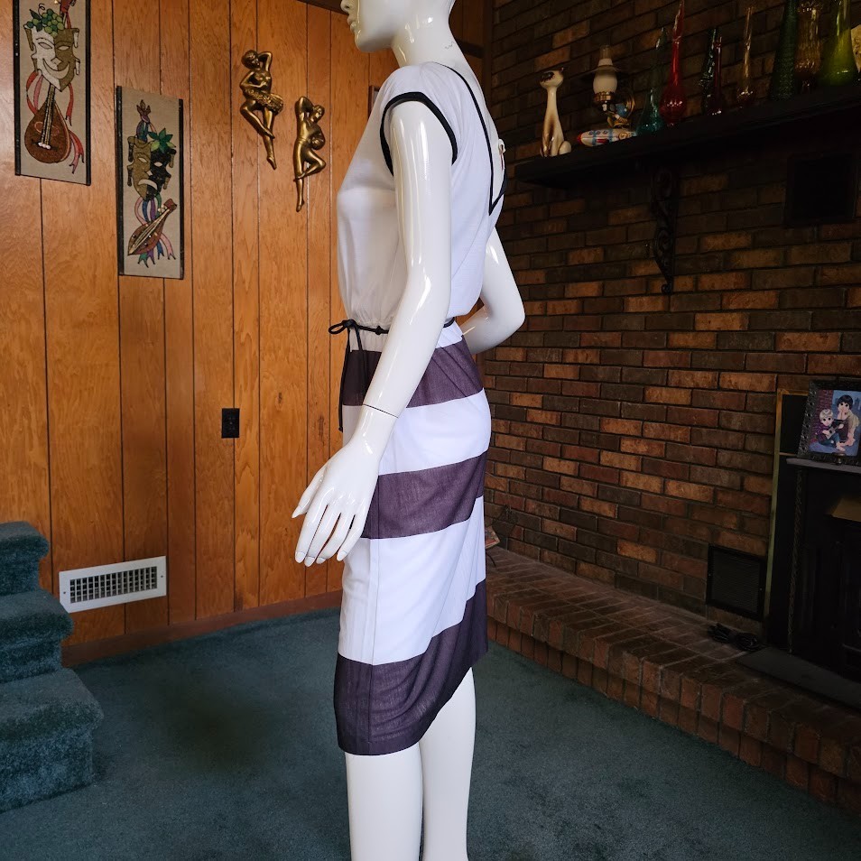 Vtg 70s 80s Chic Disco Striped Ringer Sheer Shirtwaist Casual T-Shirt Dress XS/S