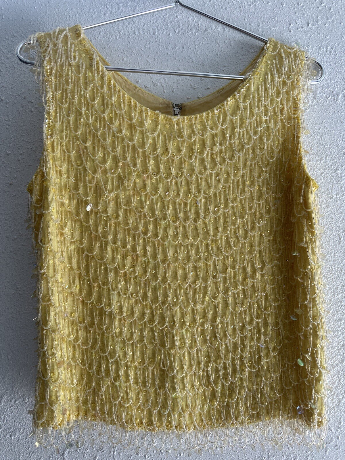 Vintage 1950s Paillette Sequin Fringe Beaded Pastel Yellow Tassels Tank Top