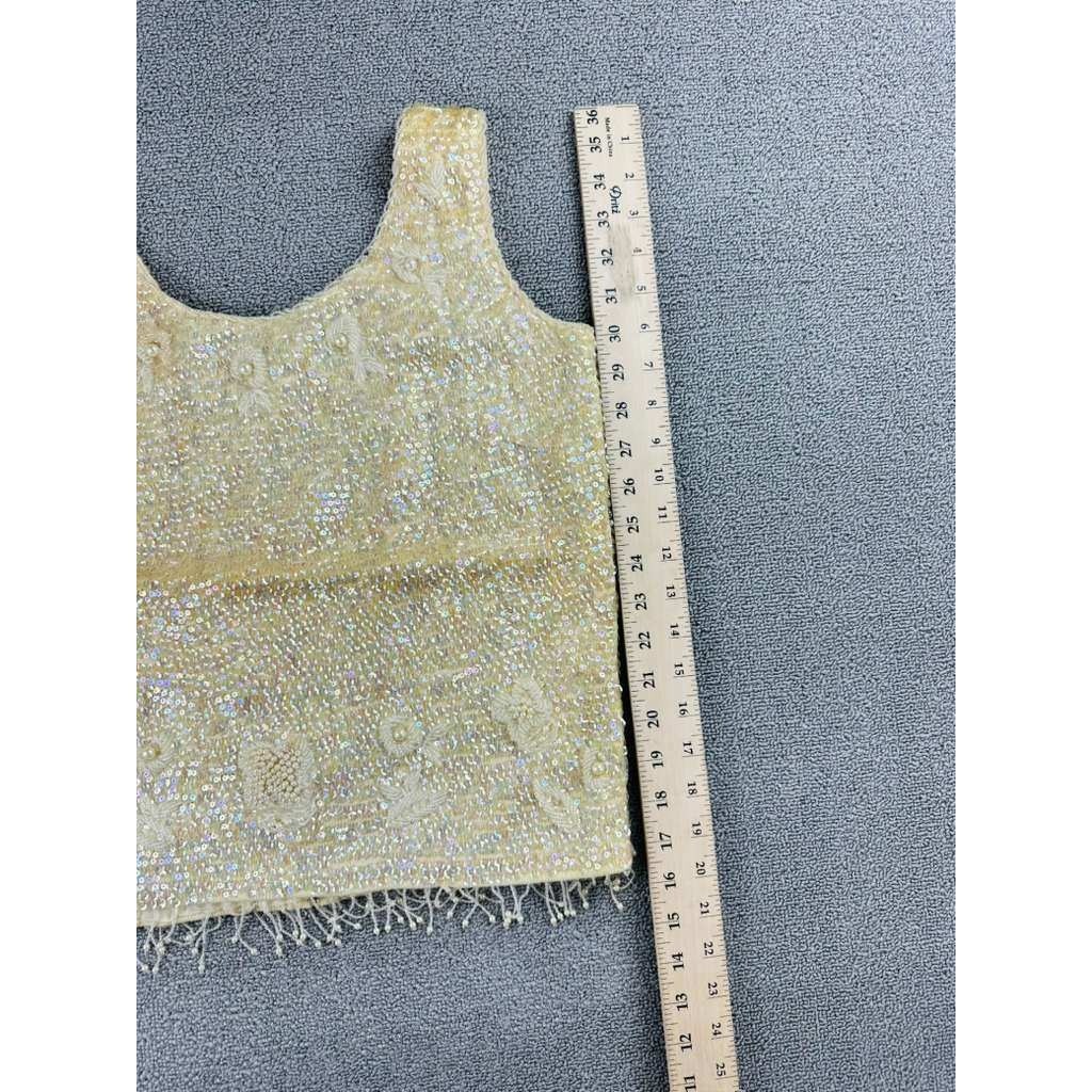 Vintage Hand Full Fashioned Top Women S Beige Beaded Floral Virgin Wool HongKong