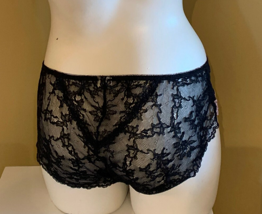 VINTAGE FELINA 730577 BLACK & PINK TRICIA SATIN & LACE BOYLEG PANTIES SIZE XL