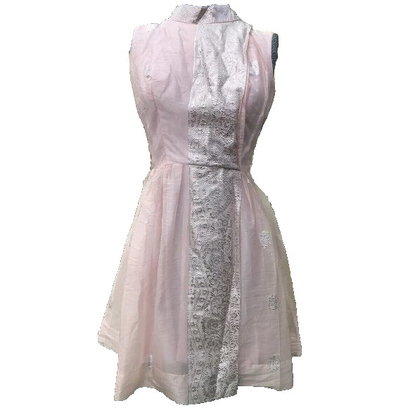 Vtg 80s Pink Silver Floral Empire Layered Taffeta Women’s XS S O USA Short Dress