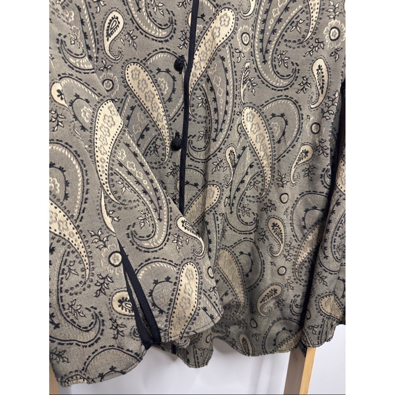 VTG Paisley Olive Green Button Front Shirt Jacket XL Black Trim Boho Gallerycore