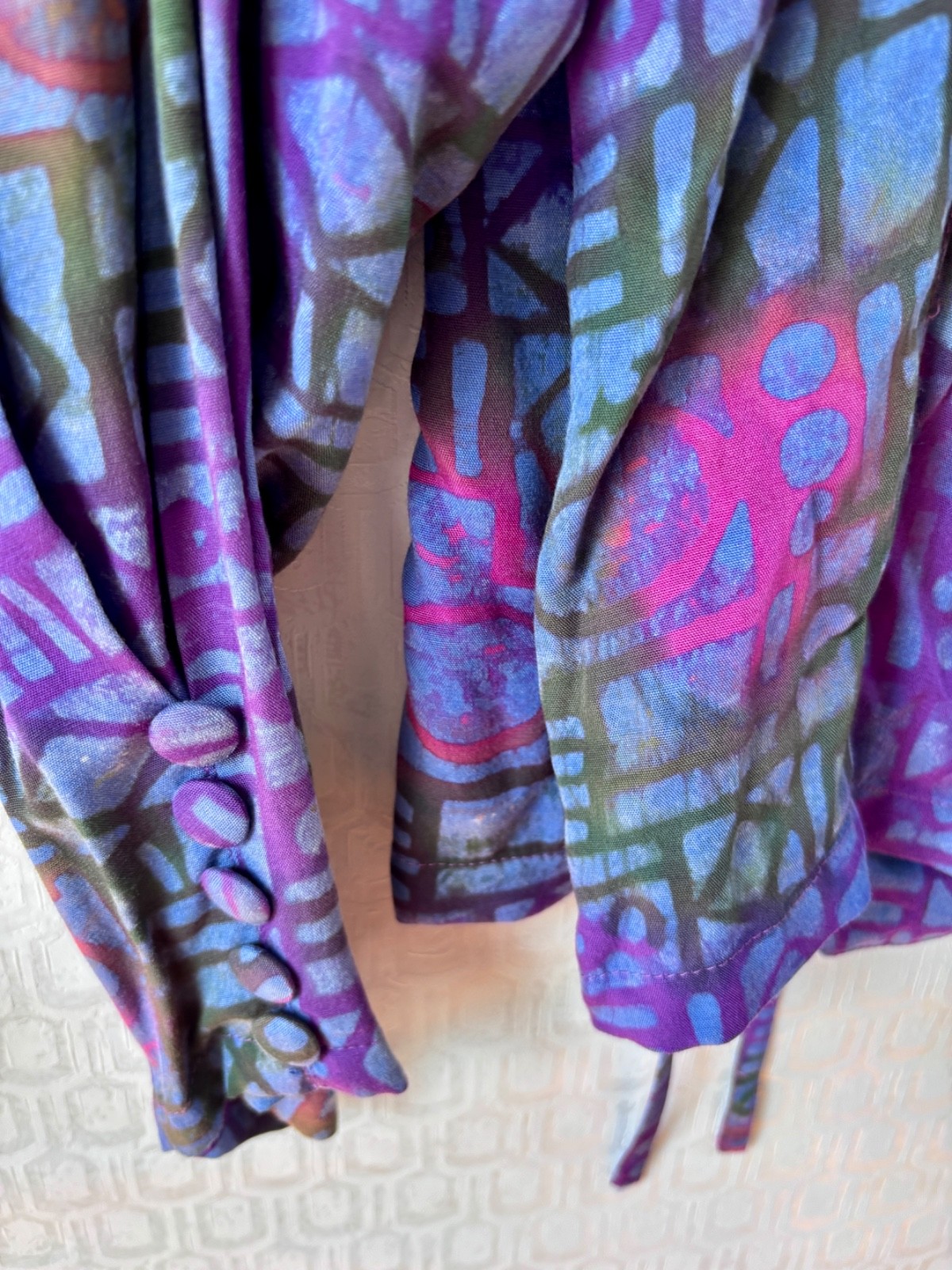 VTG 80’S BOHO PASSPORTS PIER ONE PURPLE BLUE BATIK PRINT WRAP TOP JACKET*S/M