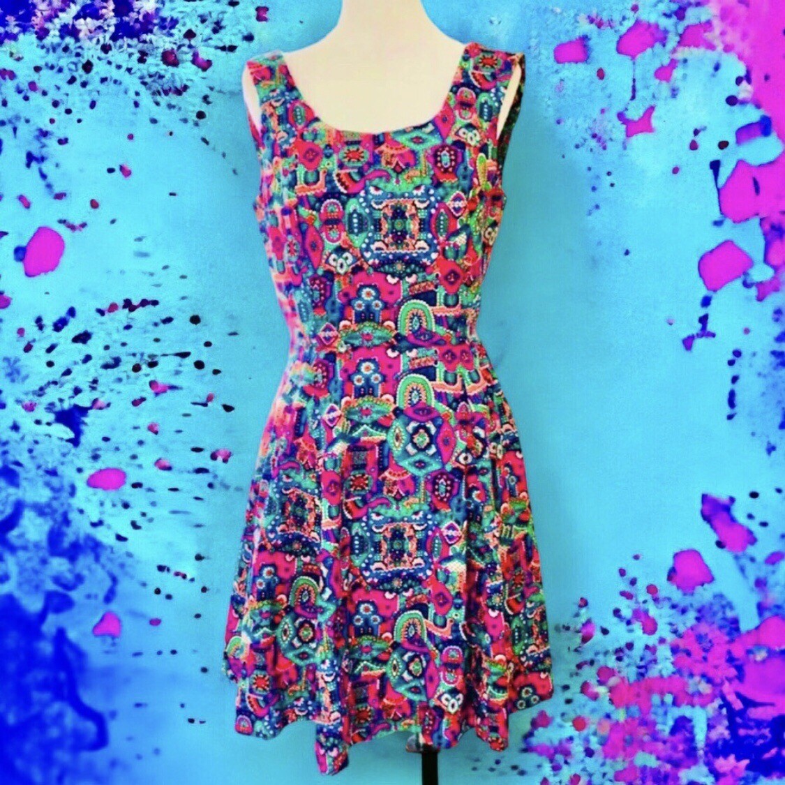 Vtg 70s Skater Mini Dress Medium Bold Colorful Hot Pink Green Open Back Sundress