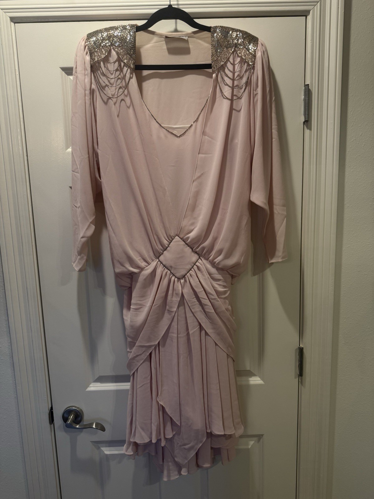 Vintage 1982 Eletra Casadei Blush Pink Chiffon Beaded Dress 80s Golden Girls M