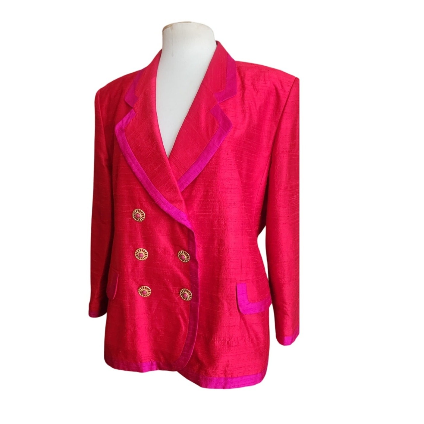 Vintage 1990s Mondi Blazer Silk Colorblock Double Breasted Red Pink Jacket