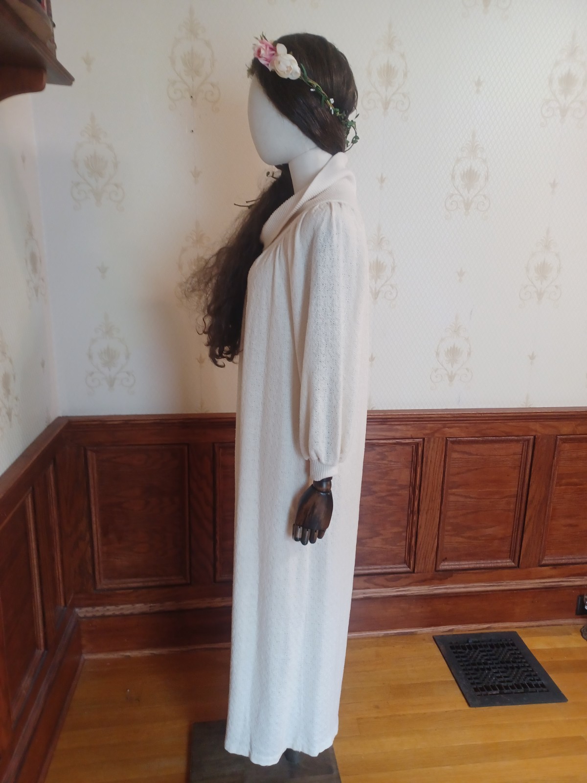 Vintage 1970s R. Michael Allen Ivory Boho Prairie Cowl Neck Knit Hostess Dress