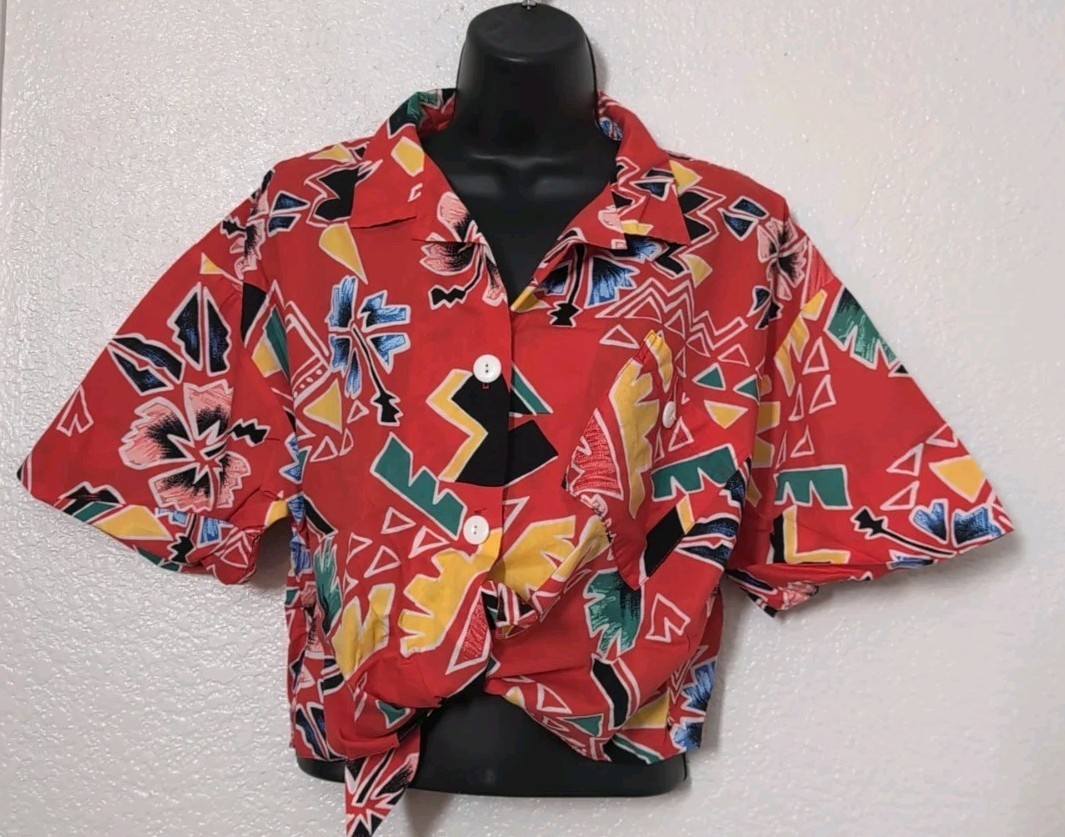 Vtg 80s Hilo Hatties Tribal Beachy Red Hawaiian Floral Tie Midriff Crop Top XL