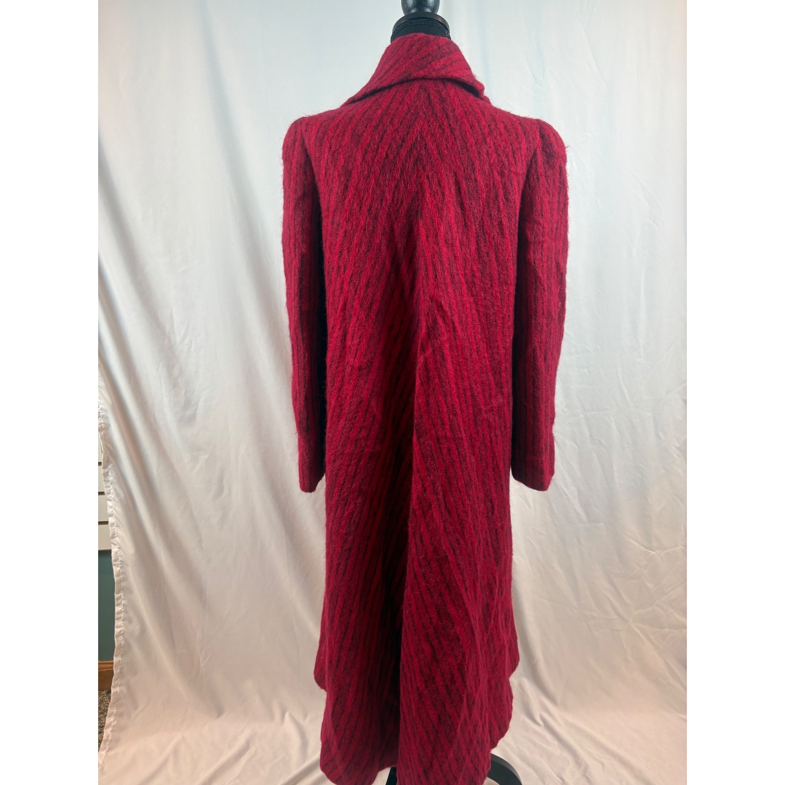Vintage Pauline Trigere Red Black Stripe Mohair Wool Maxi Coat Scarf Collar 10