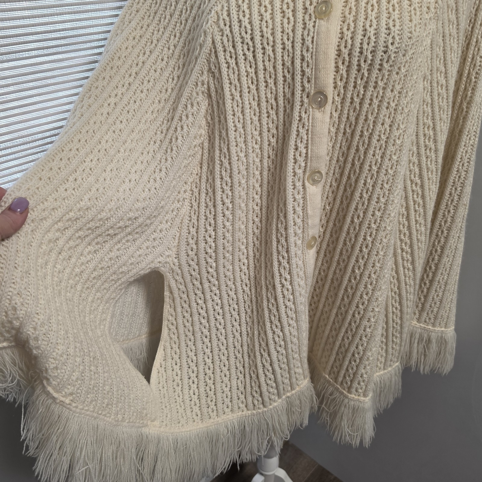 Vintage Poncho Shawl Cape With Fringe Orlon Acrylic Button Front Hand Arm Slits