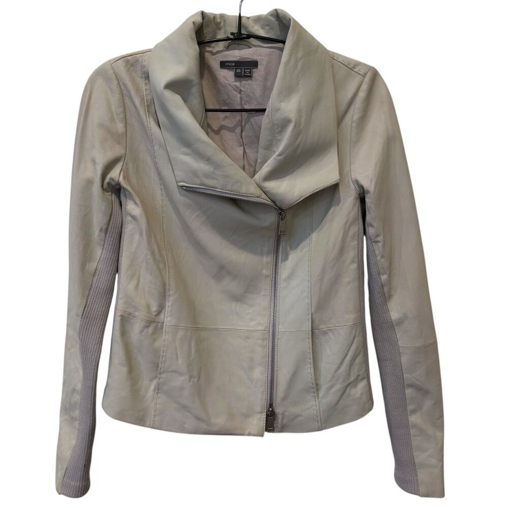 Vince Goat Leather Asymmetrical Moto Jacket Cashmere Ribbed Knit Trim Taupe