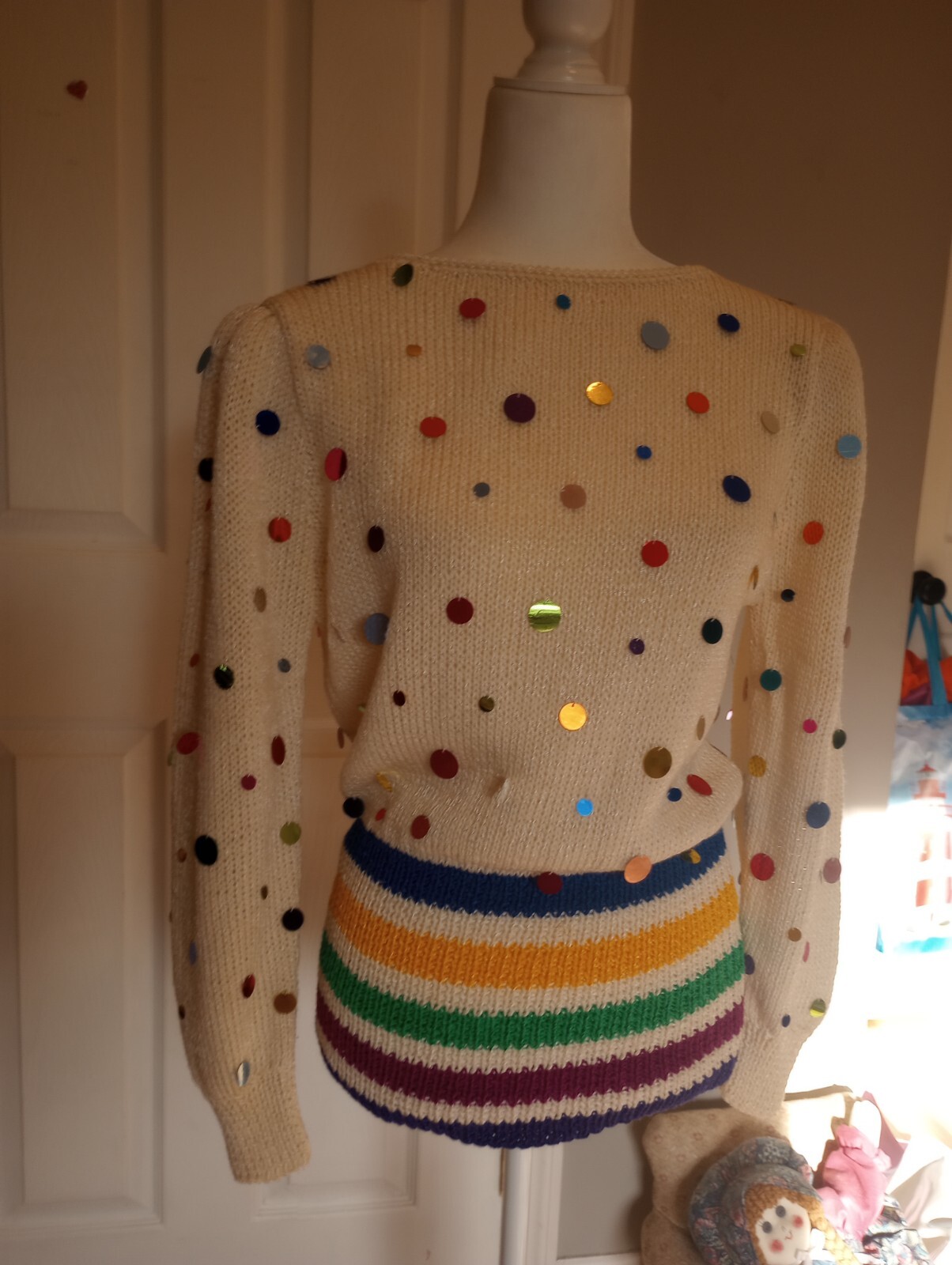Vintage 1980’s Crazy Mieka Rainbow Colored Sweater With Sequins Size Medium