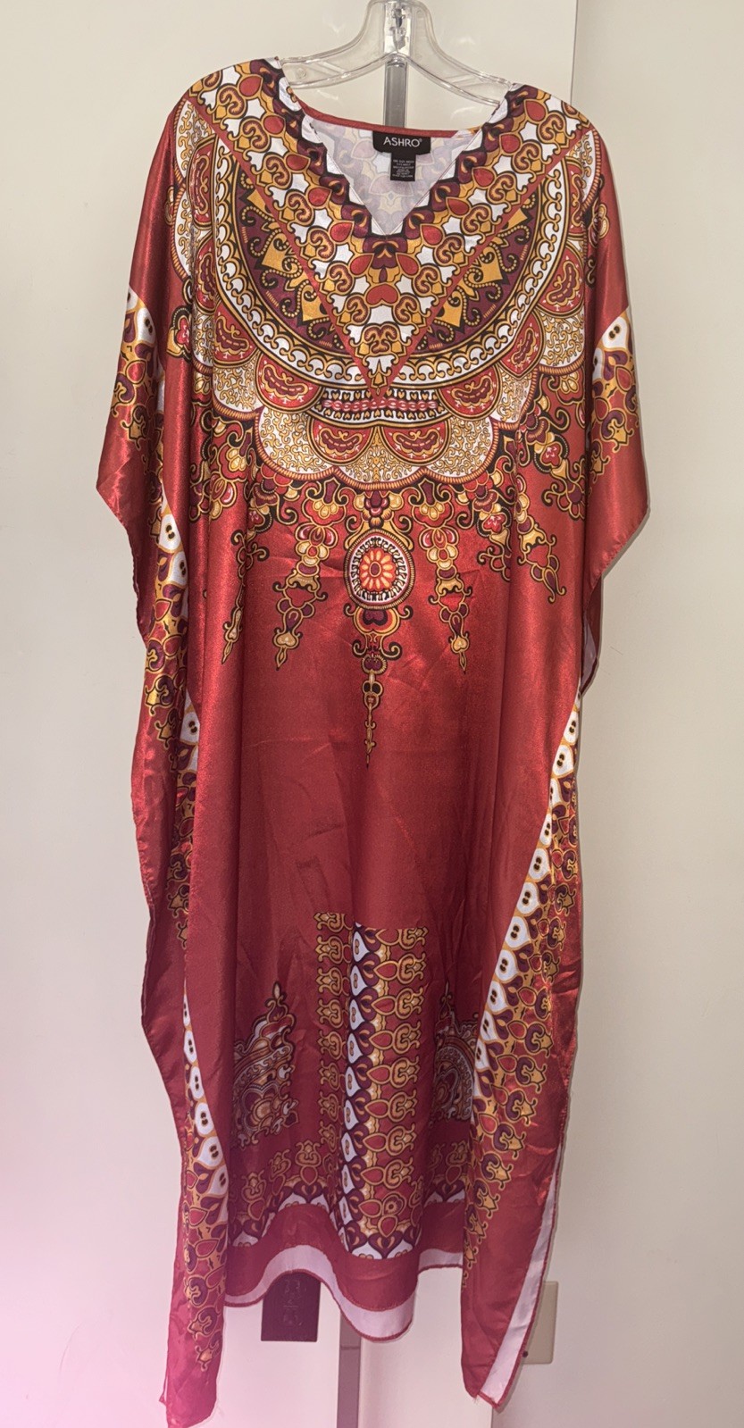 Womens OSFM Long Satin Gown Rust Brown Vintage ASHRO Kaftan Robe