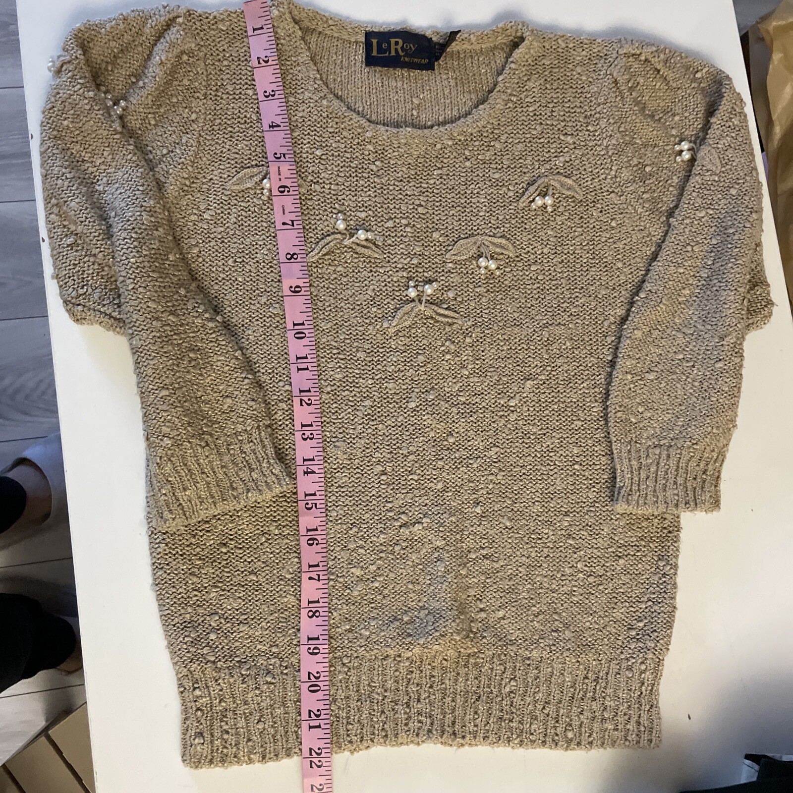 Le Roy Knitwear Vtg 60s With Faux Pearl Sweater Blouse Brown Sz S/M
