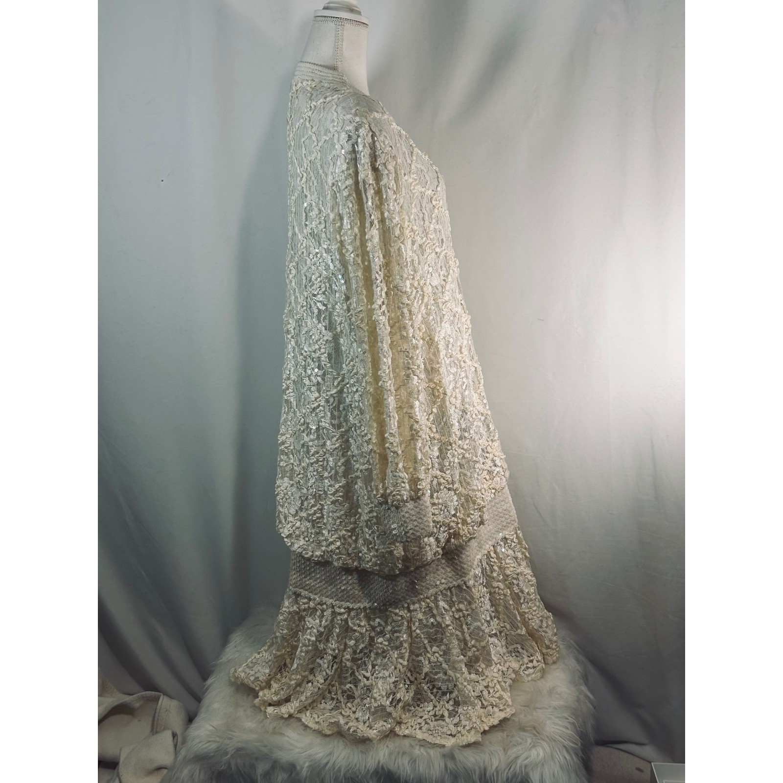 Vintage Damianou Ivory Lace Sequin Drop Waist Gown Long Sleeve Tiered Ruffle