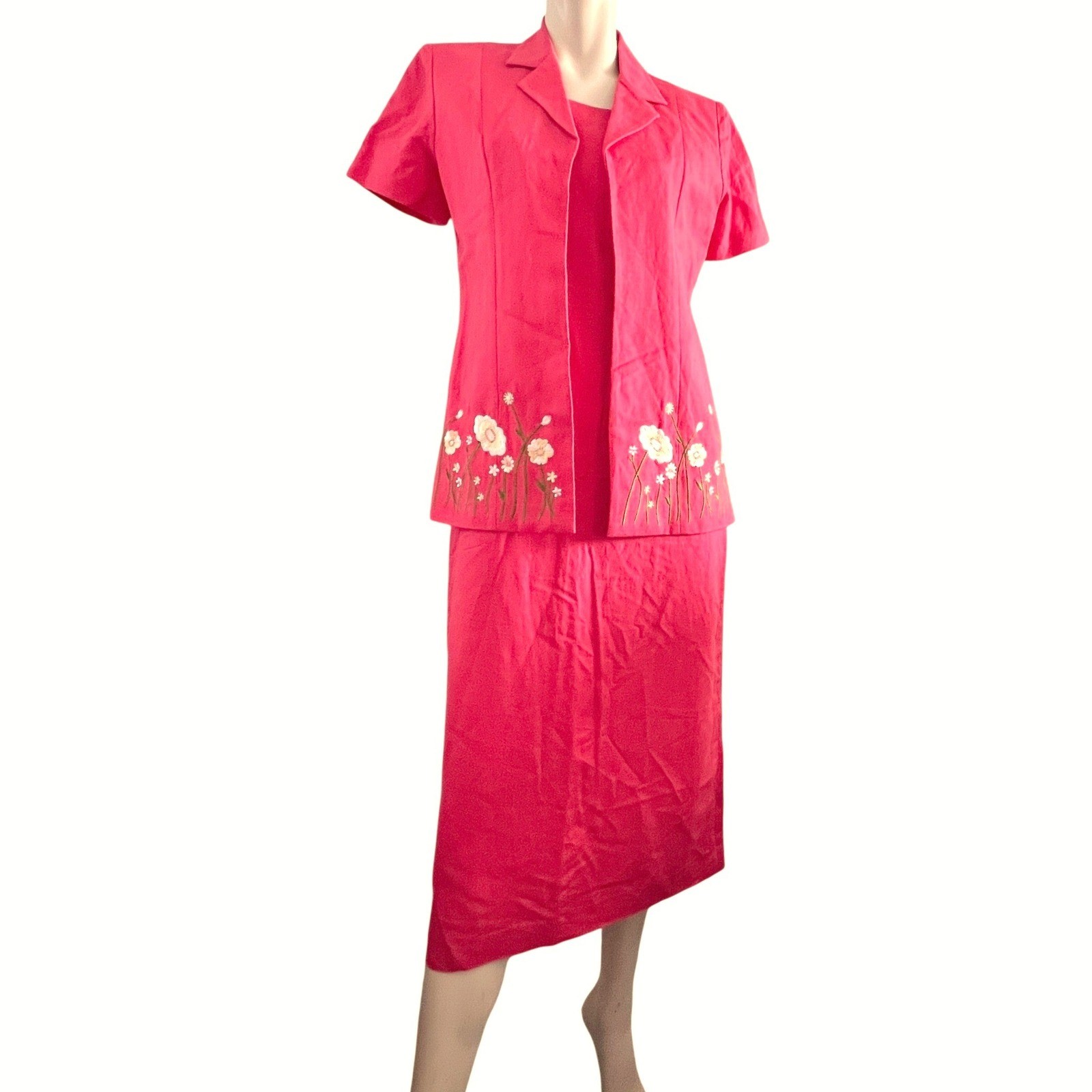 Jessica Howard Dress Set Womens 4P Coral Linen Blend Floral Embroidered 2pc Vtg