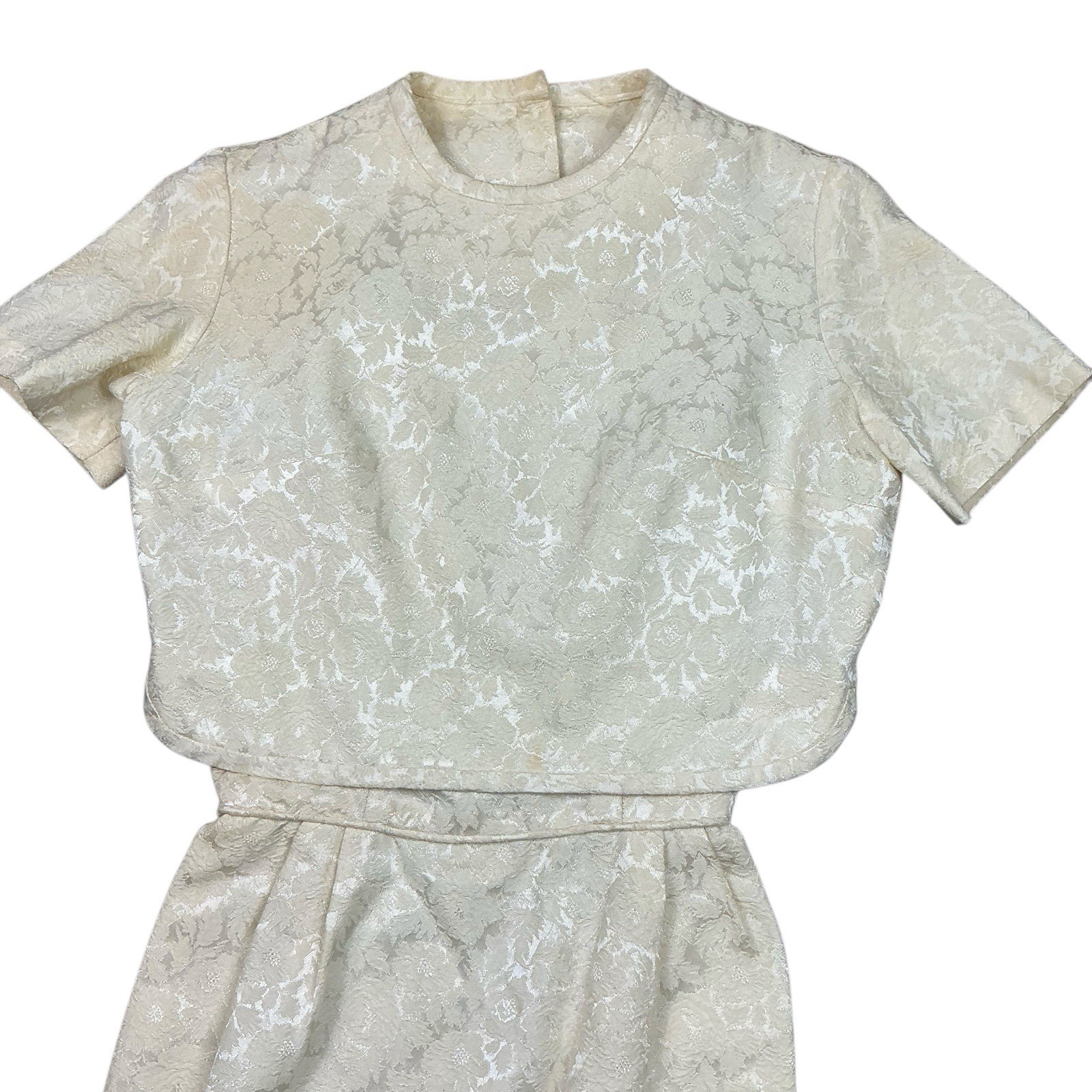 Vintage 1950s Jerry Lurie floral embossed ivory sleeveless dress with jacket
