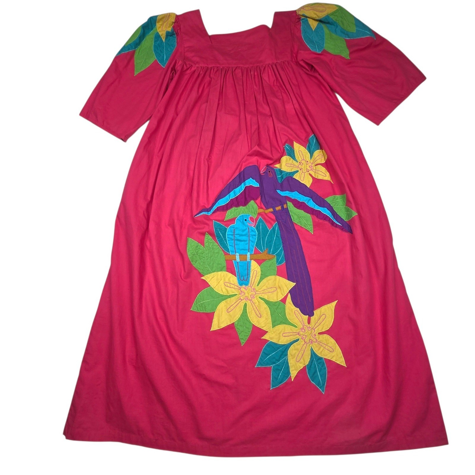 Vintage Go Softly Patio Dress Muumuu M Pink Applique Tropical Bird Floral Boho