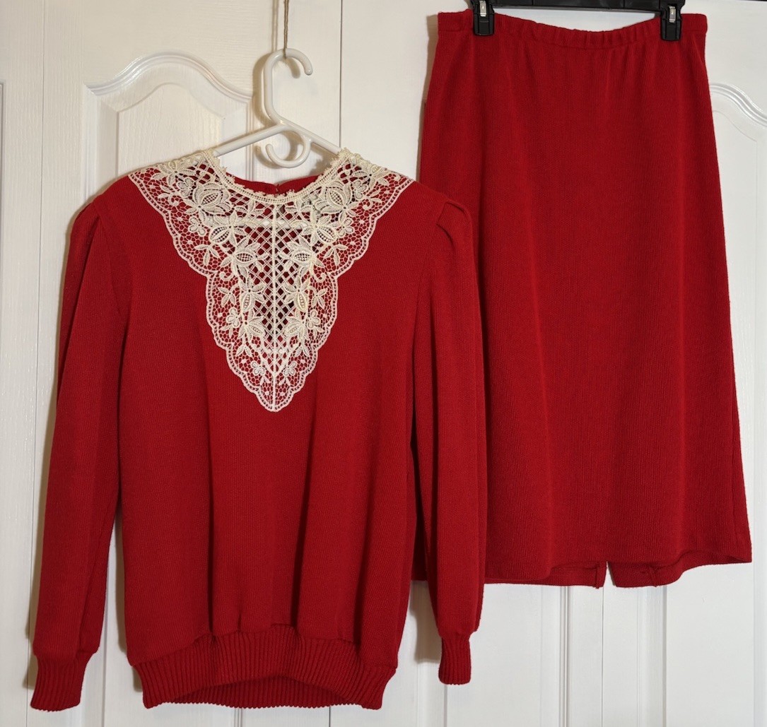 Nilani Vintage 80’s Red White Knit Sweater Cardigan And Skirt Set Women’s Large