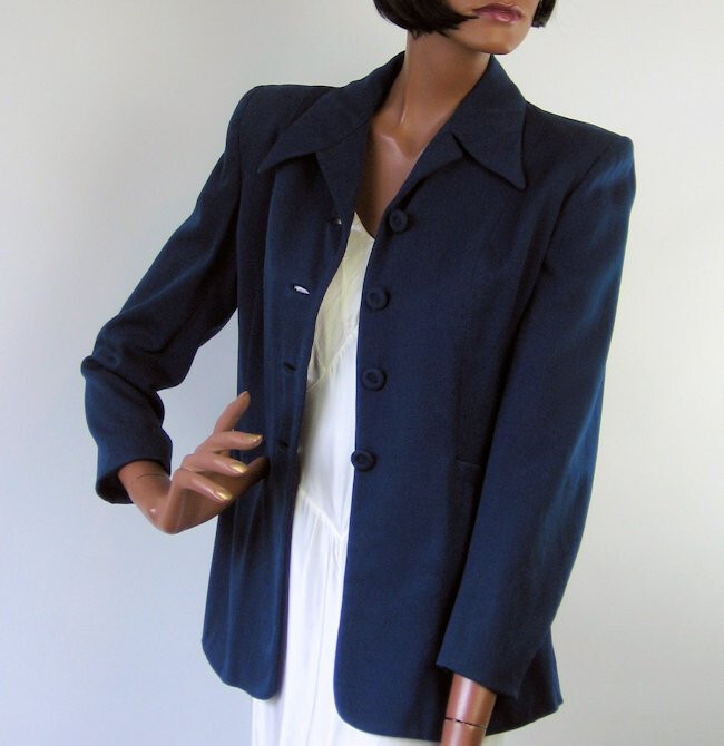 40s Gab Jacket Fit and Flare Navy Blue Vtg Strong Shoulder Nip Waist Rollman’s