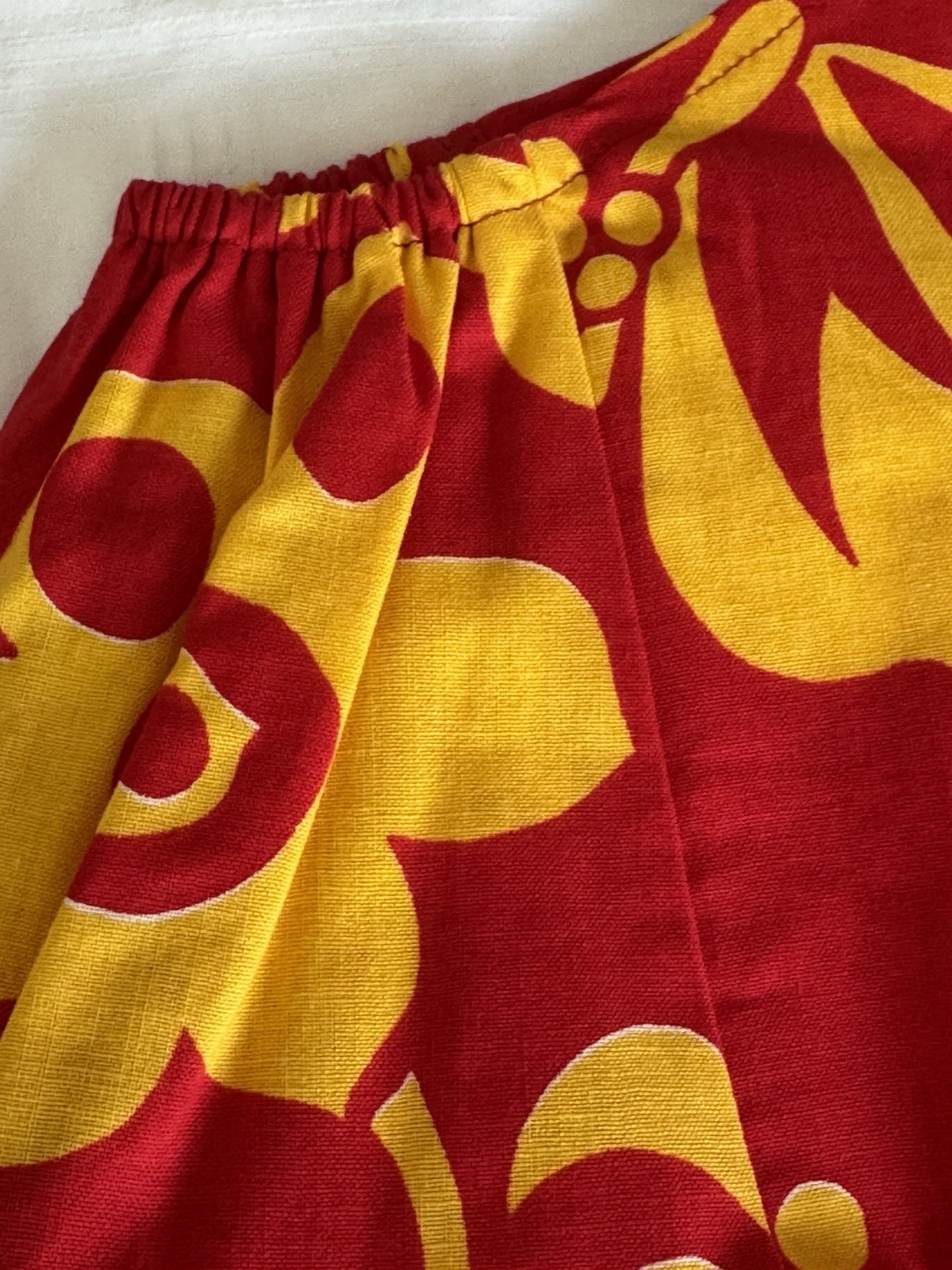 One Shoulder Hibiscus Dress Brilliant Red & Yellow Hand Dyed Hawaiian L 1965