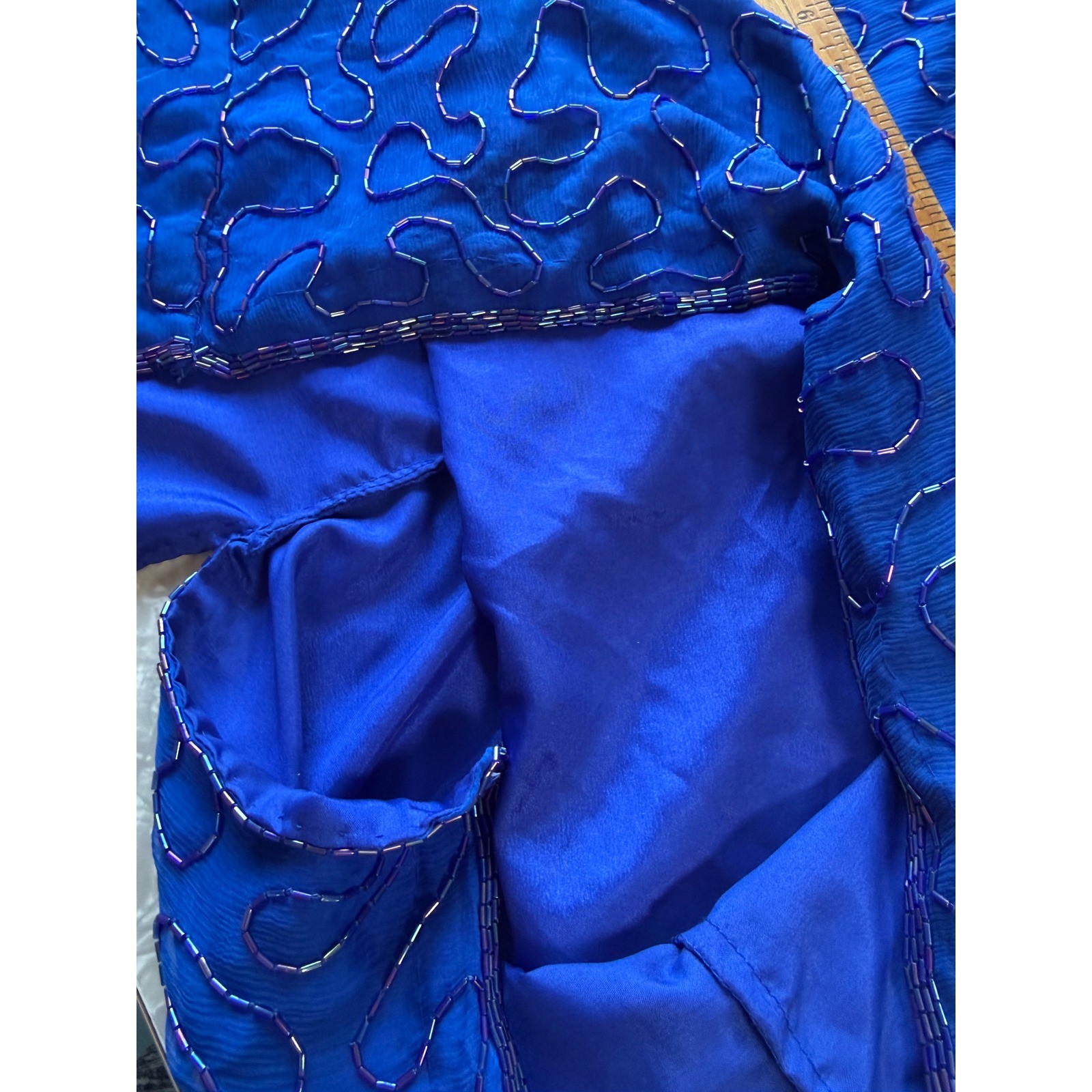Sweelo Vintage Silk Beaded Sequin Dress Royal Blue Floral Cocktail L 10-12 Glam