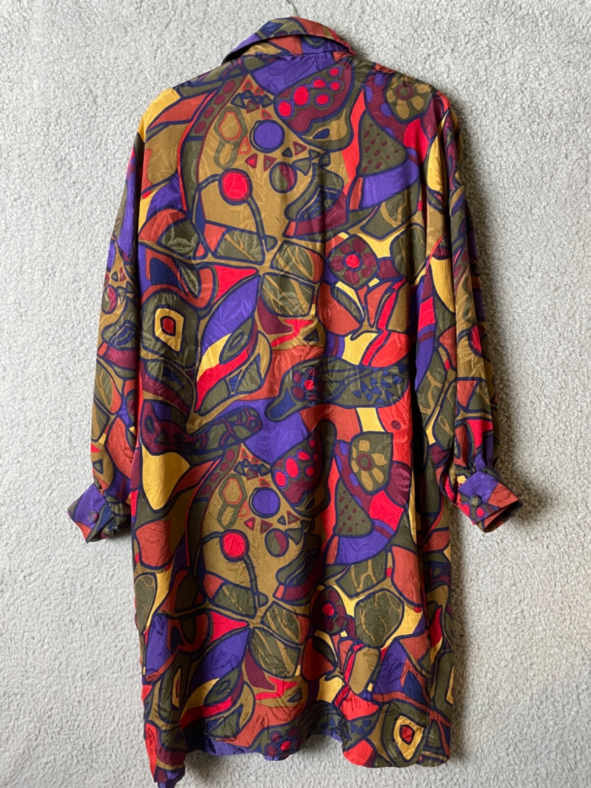Vintage Carol Mignon Silks Dress 10 Multicolor Abstract Buttons Shift Tie VTG
