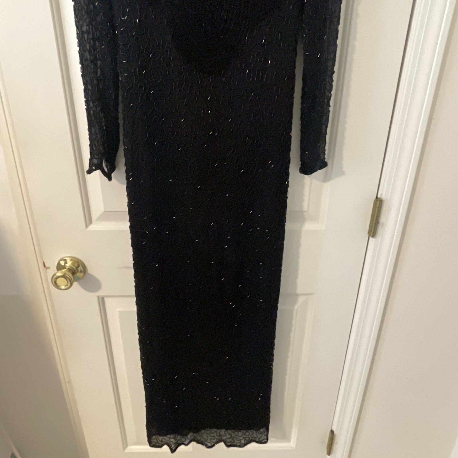 Vtg SWEELO Black 100% Silk Sequin Beaded Slim Fit Long Evening Party Dress Sz S
