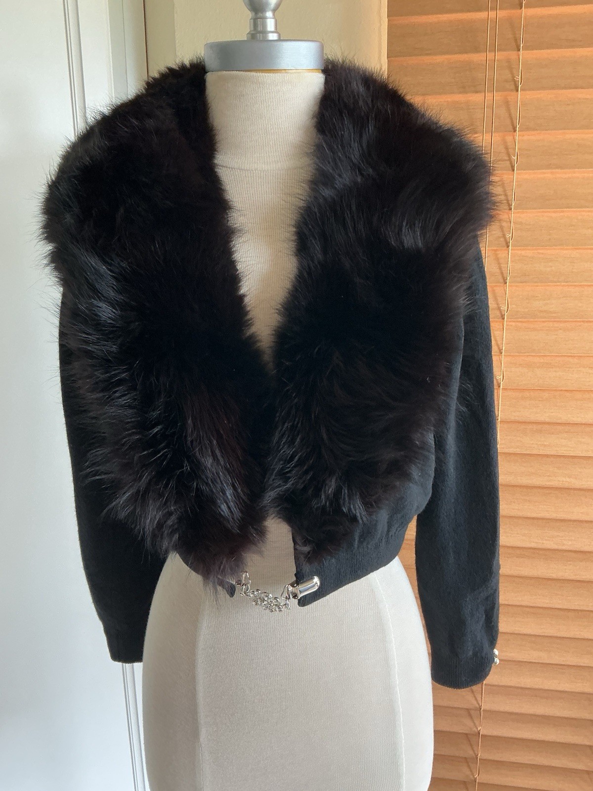 Vtg 50s Bonnie Briar Angora Wool Black Cardigan , Genuine Fur Stole Collar S