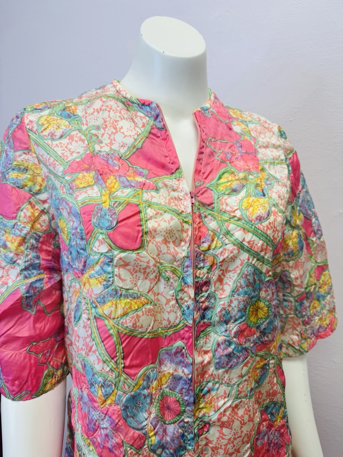VTG RARE Caftan Kaftan Loungewear night Gown Dress robe glo pink floral zip S/M