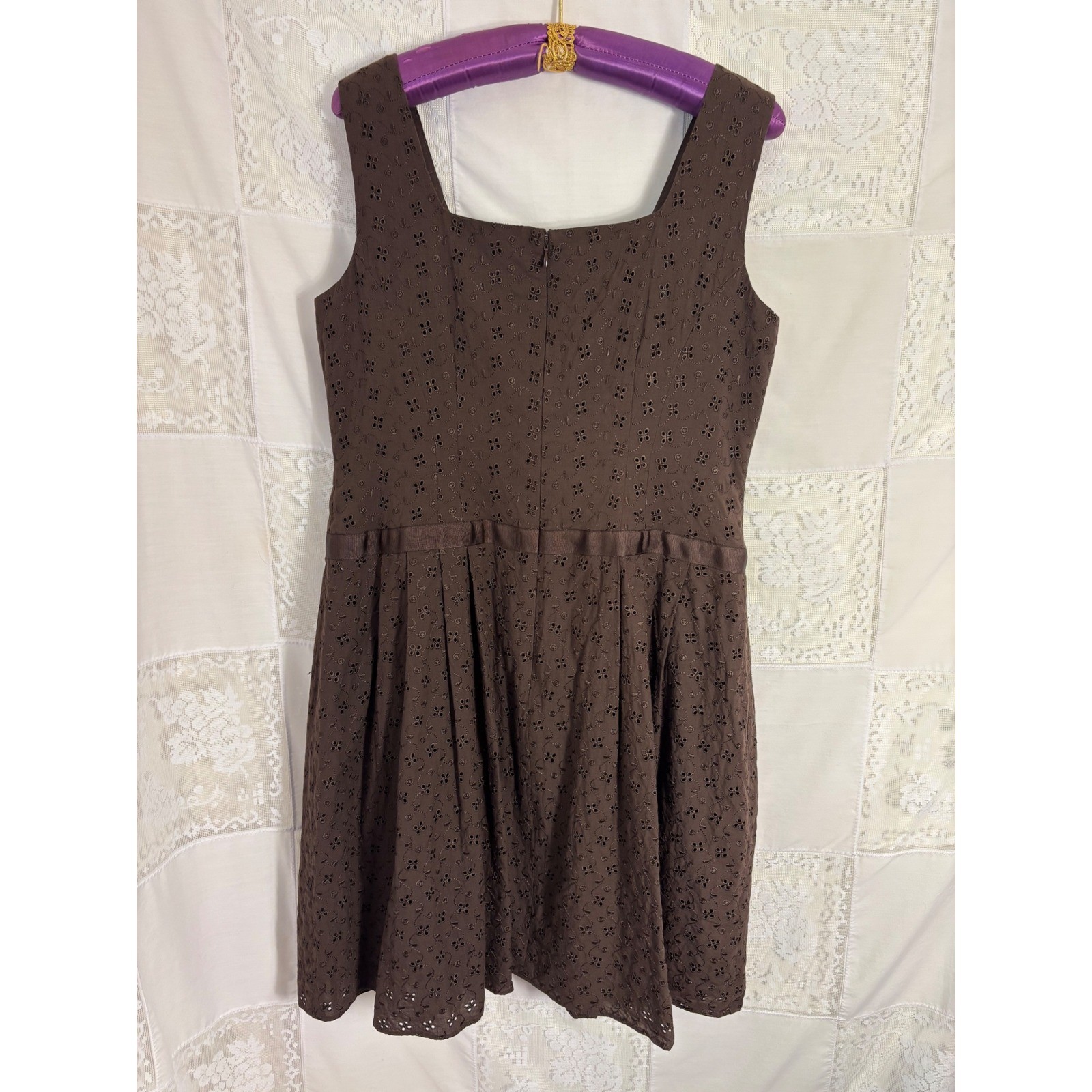 VTG Brown Cottage Twee Bow Front Babydoll Cotton Eyelet Midi Dress Size XL