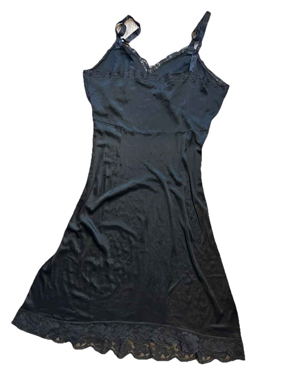 Vintage 60s DIXIE BELLE Black Acetate Tricot Full Slip Dress Floral LACE 34 S/M