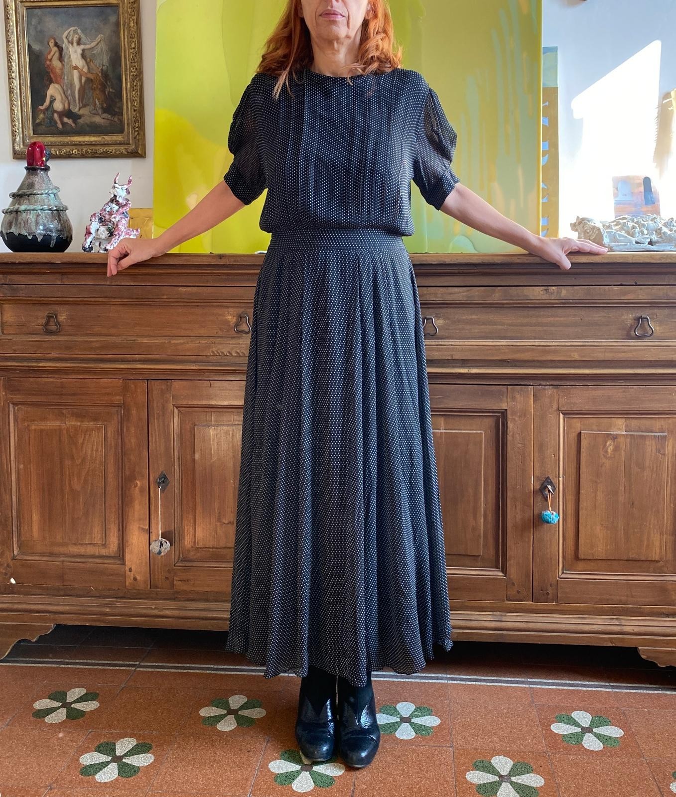 Nancy Johnson Vintage Silk Polka Dot Voile Long Dress Size 44