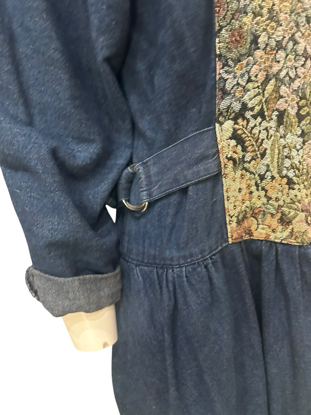 Vintage 80s Denim Prairie Dress Tapestry Floral Corset Midi Puffed Sleeve S 7 ^