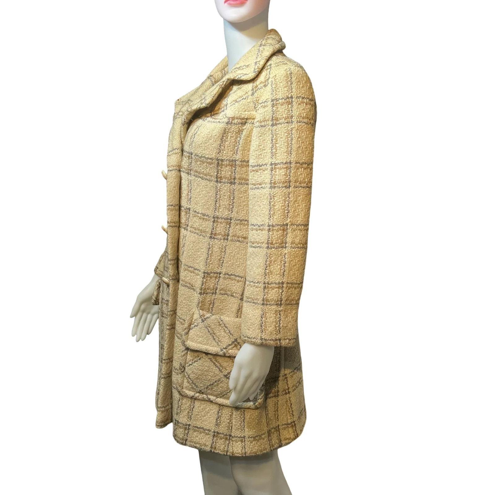 Vintage 1950s Cream Winter Coat Plaid Double Breasted VTG 50s Classic Jacket S