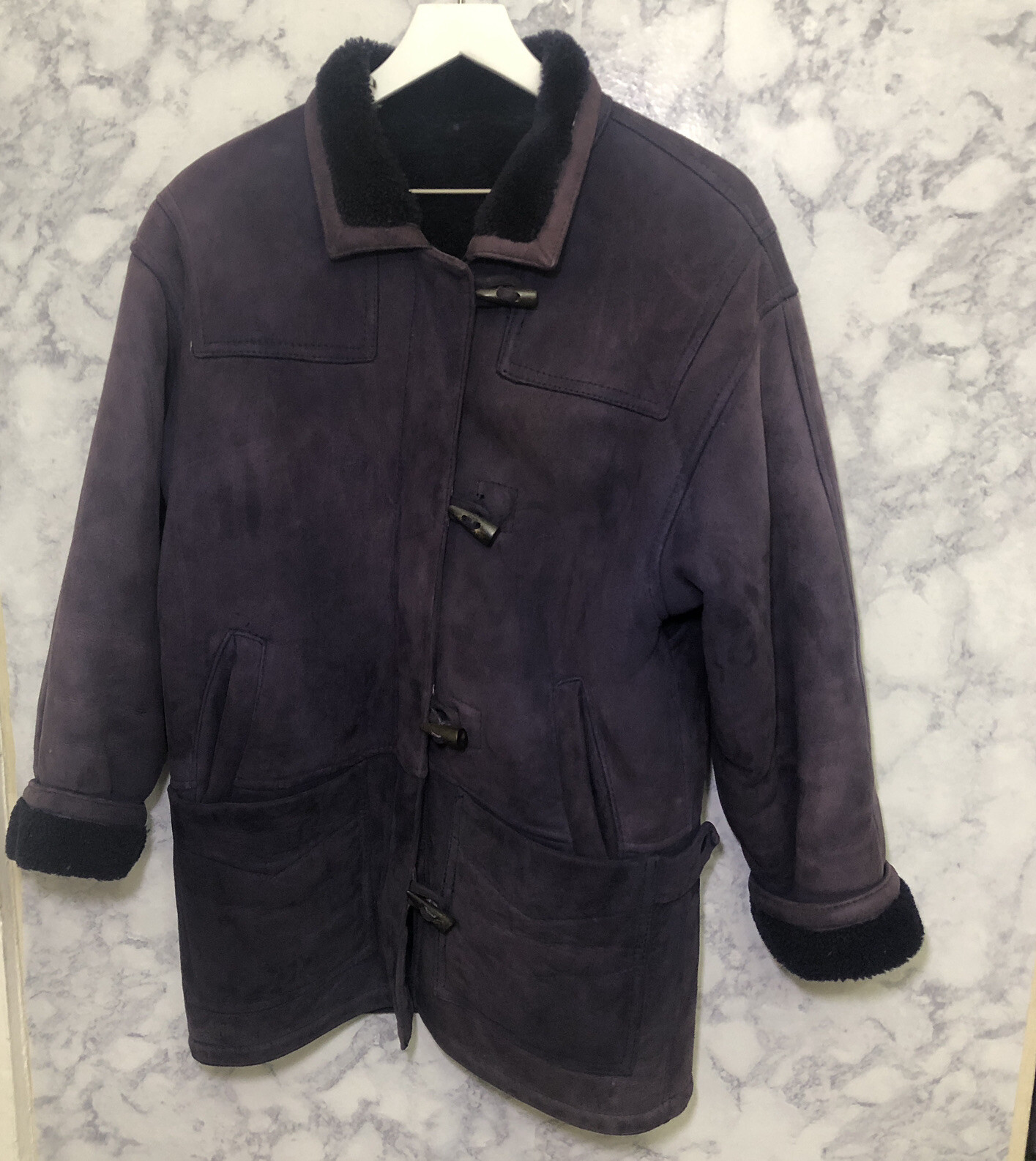 Sawyer Of Napa Coat Jacket Suede Leather Heavy Shearling Wool PURPLE MEDIUM