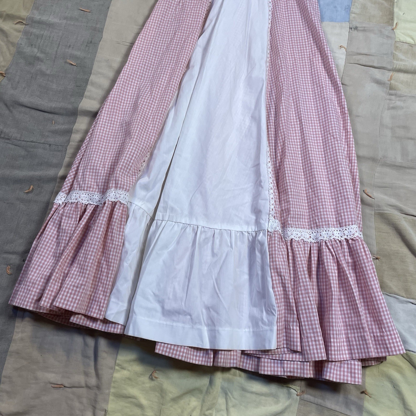 Vintage Gunne Sax Gingham Plaid Pink Dress Maxi Lace Small Cottage Coquette