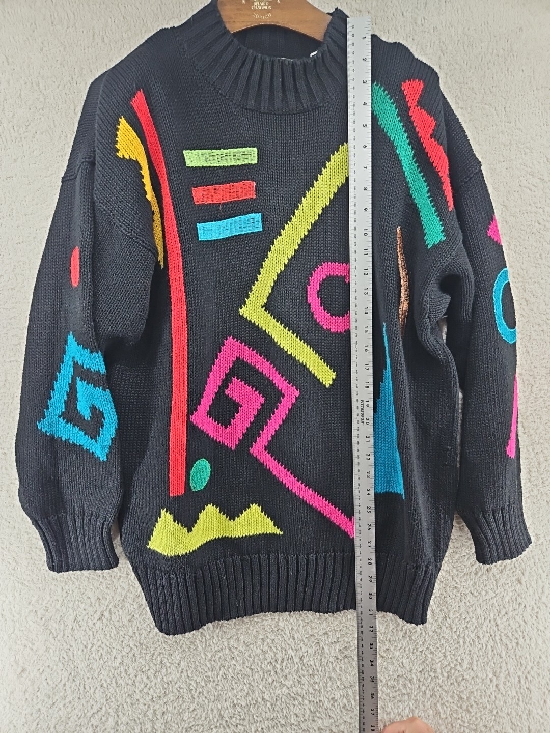 Vintage Totally Rad 80’s Woman’s Sweater Geometric Print Long Neon Multi Color