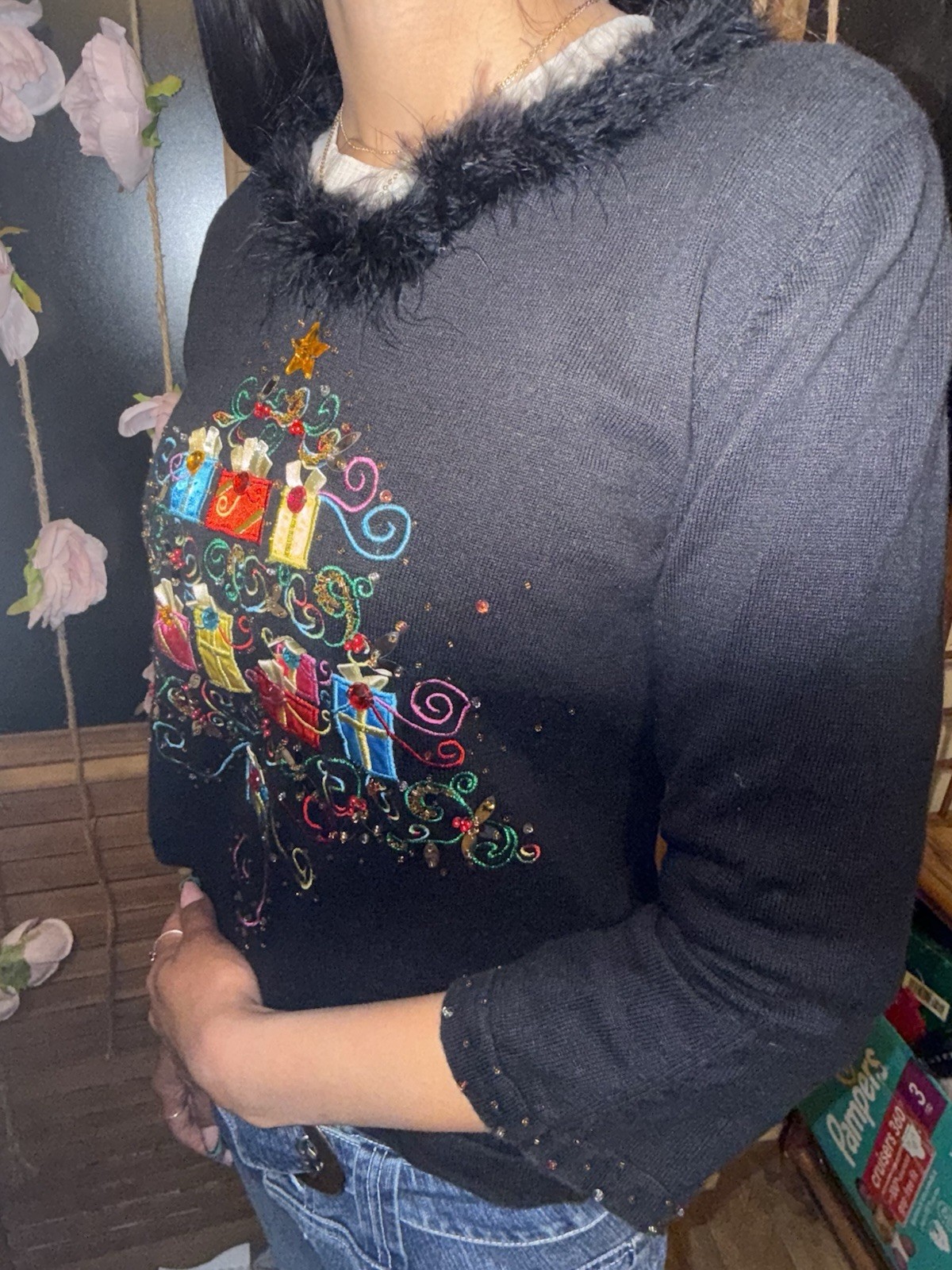 Jack B. Quick Vintage Christmas Gifts Fur Collar Pull Over Sweater. Size Small