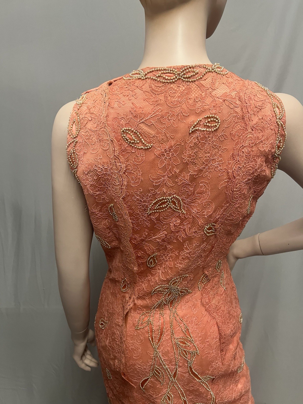 Elegant 1950’s Peach Beaded Lace Evening Gown Mory Roen Couture