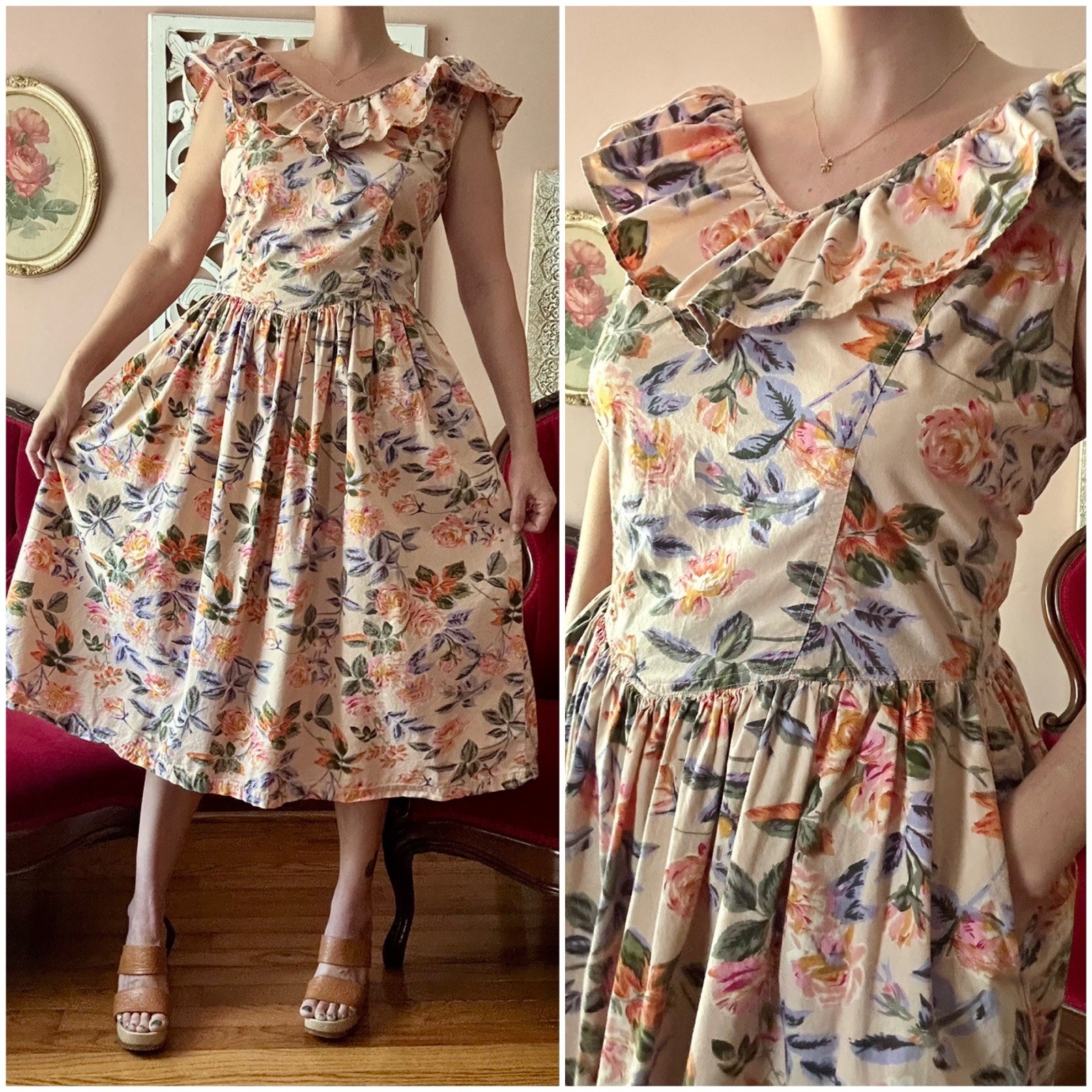 Vintage 80s Cotton Ruffled Feminine Cottagecore Floral Dress Full Skirt Pockets