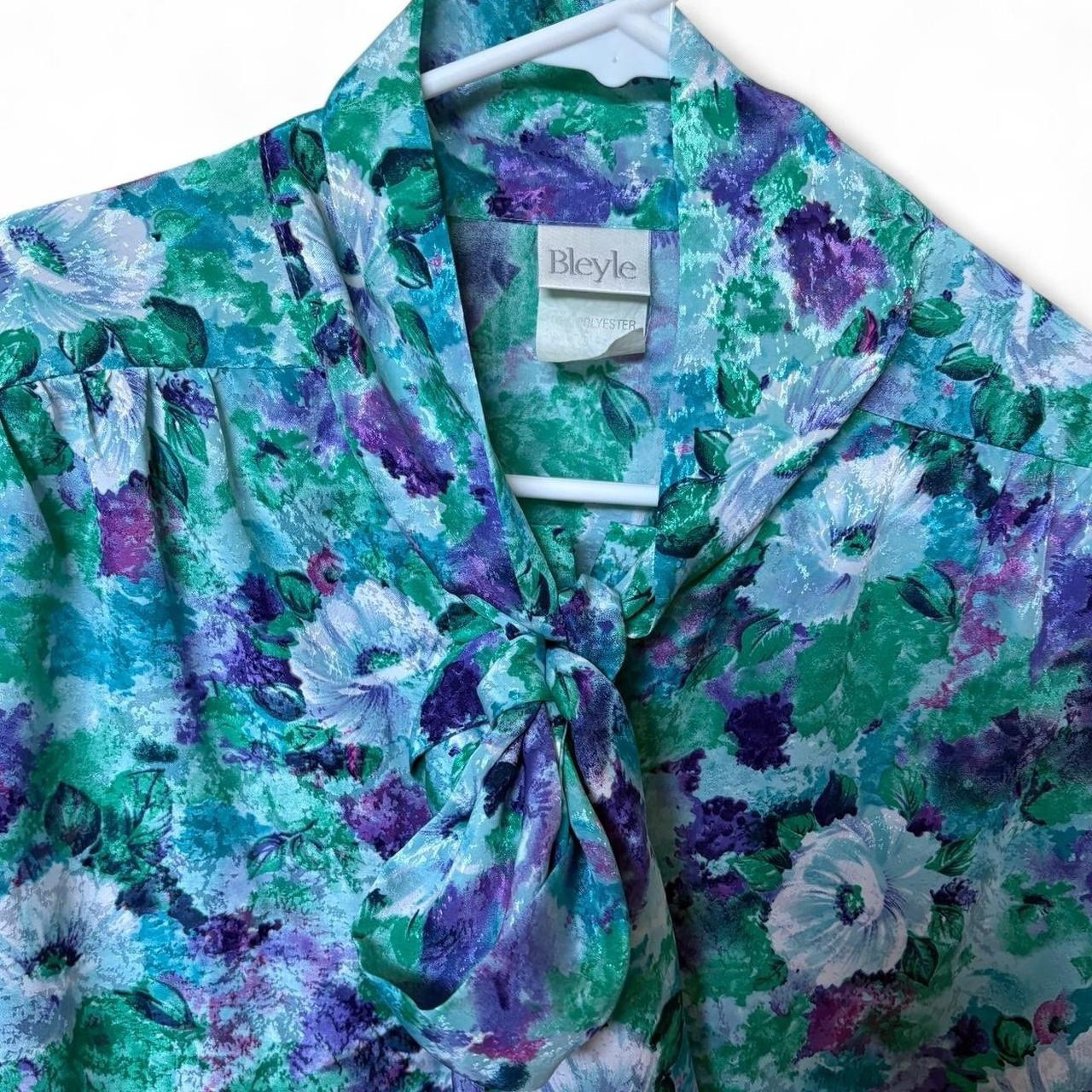 Bleyle 16 Vintage Blue Floral Button Down Long Sleeve Feminine Blouse, Pussybow