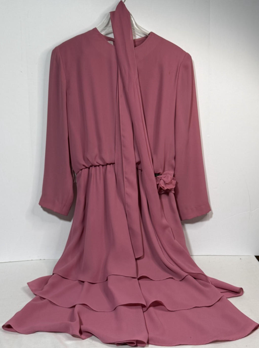 Vintage 80s Henry Lee Petites Dress Dusty Rose Ruffle Bottom Belt Union Made 12P