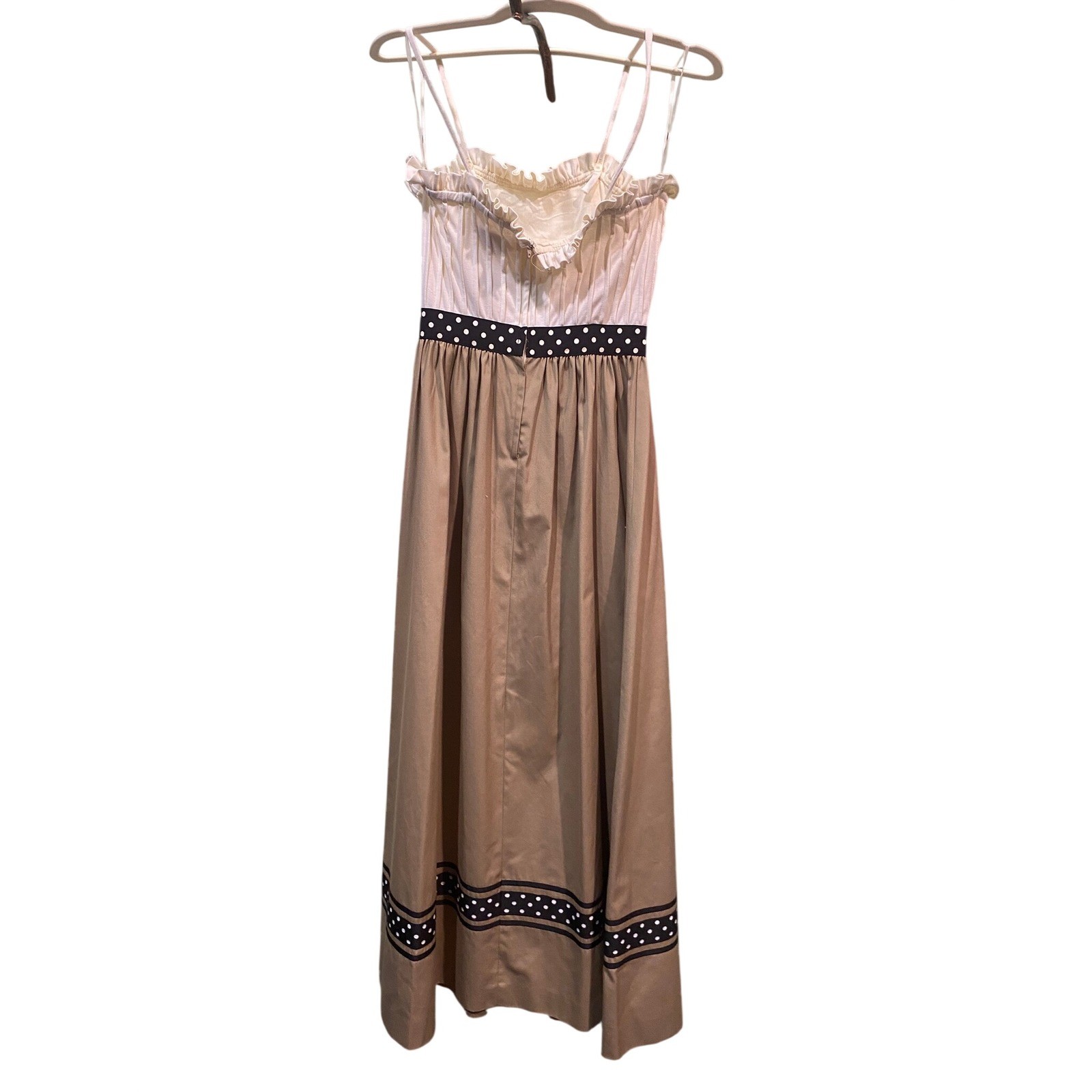 Ayres Unlimited Vintage Maxi Dress Polka Dot Trim Ruffle s Tan White Womens