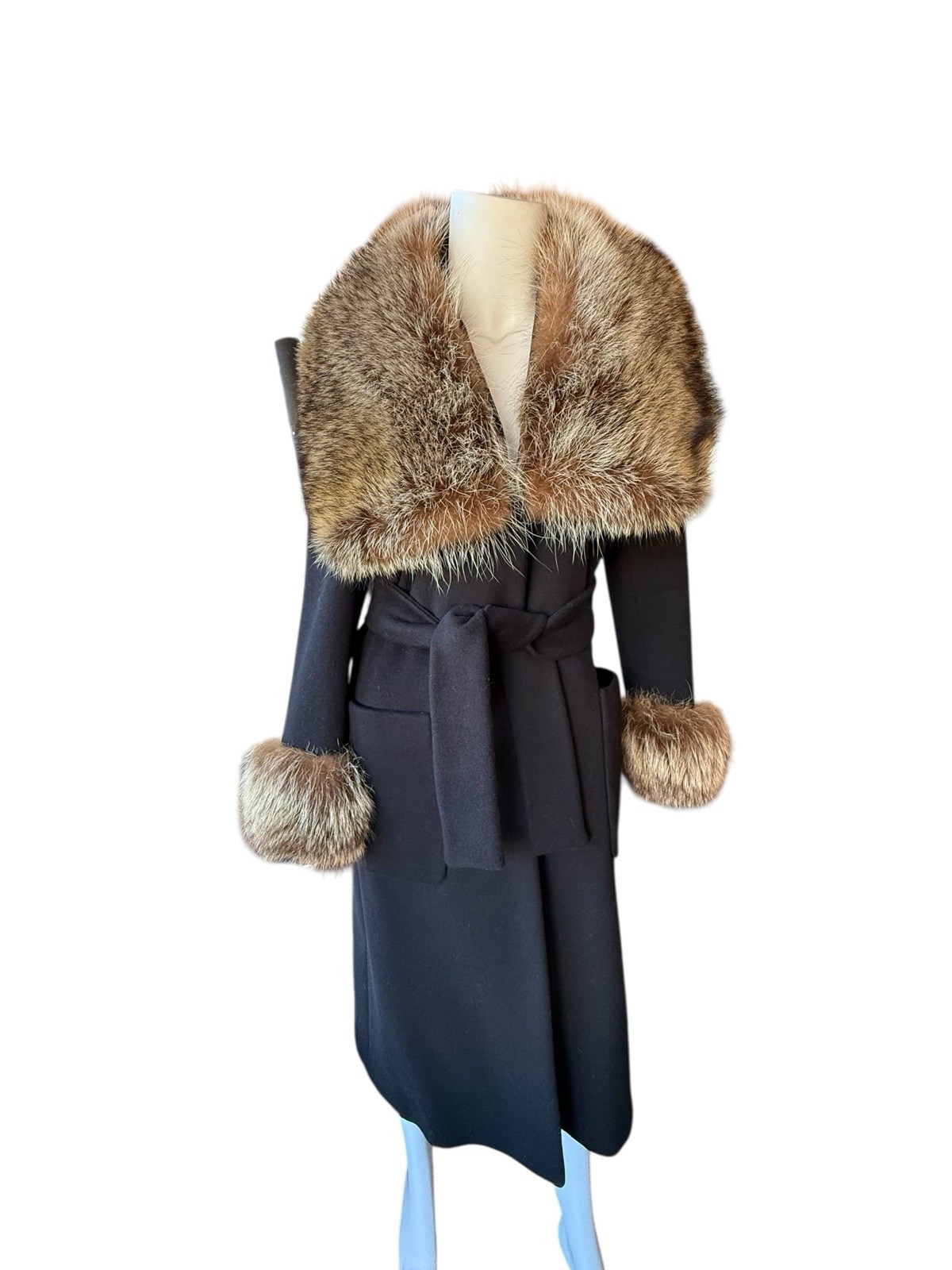 Absolutely Gorgeous Vintage black wool coat with Raccoon fur collar and wrists